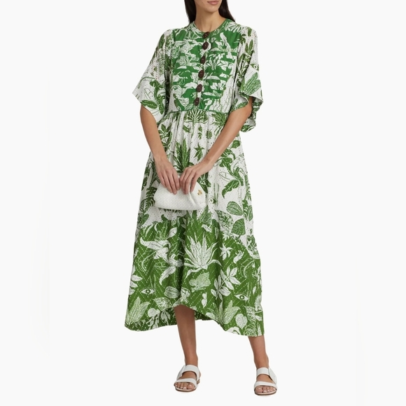 FARM Rio Forrest Soul Midi Dress Green & White Eyelet XS New With Flaw - Picture 1 of 9